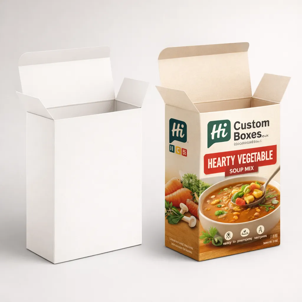 Two tall rectangular white card boxes, one plain and one printed with vegetable soup branding.